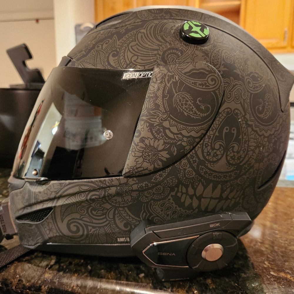 Icon Chantilly Matte Black Helmet with SENA 30k Bluetooth